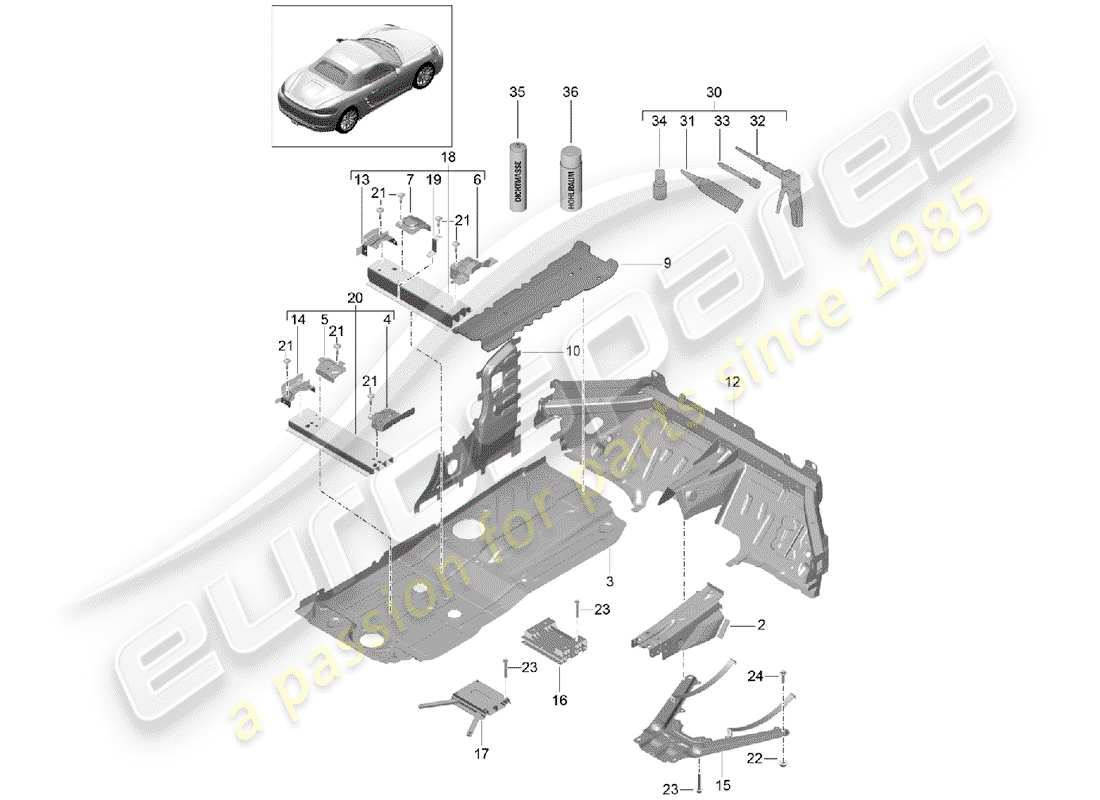 porsche 2020 (718 boxster) placas de piso diagrama de piezas
