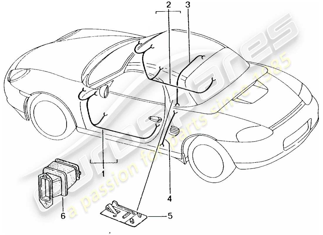 porsche 2000 (986 boxster) arneses de cableado - puerta del conductor - puerta del pasajero - diagrama de piezas de techo rígido