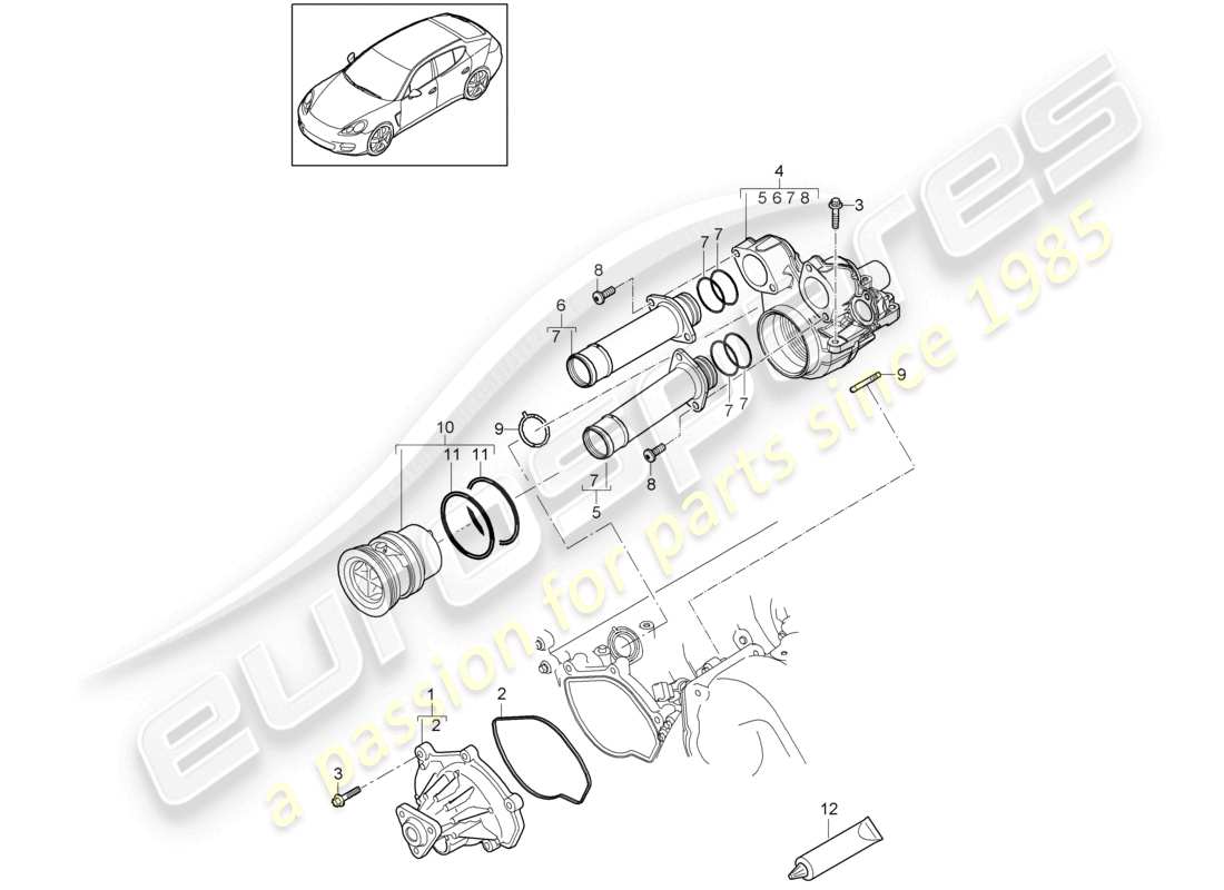 porsche 2010 (cayenne e1 9pa) carcasa del termostato de la bomba de refrigerante diagrama de piezas