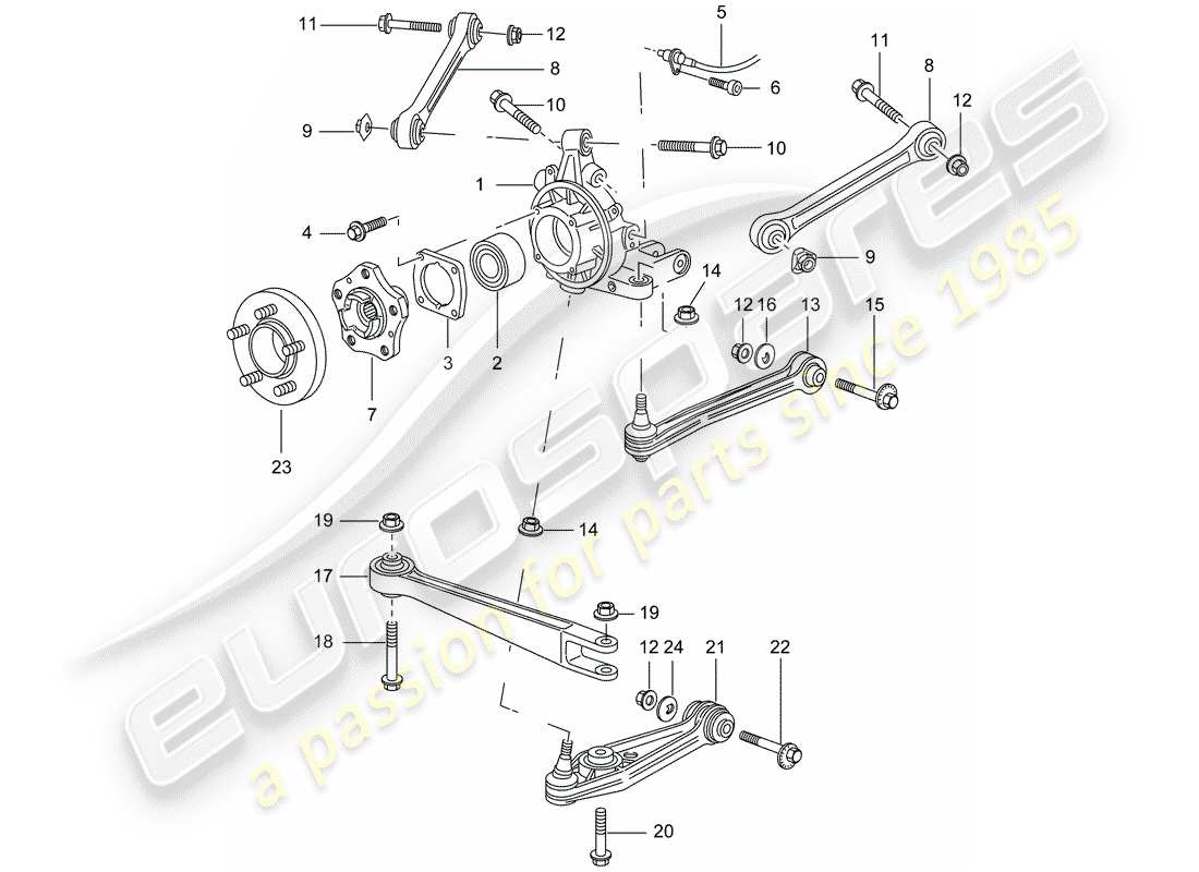 porsche 2003 (996 turbo / gt2) eje trasero - porta rueda - enlace superior - cubo de rueda diagrama de piezas