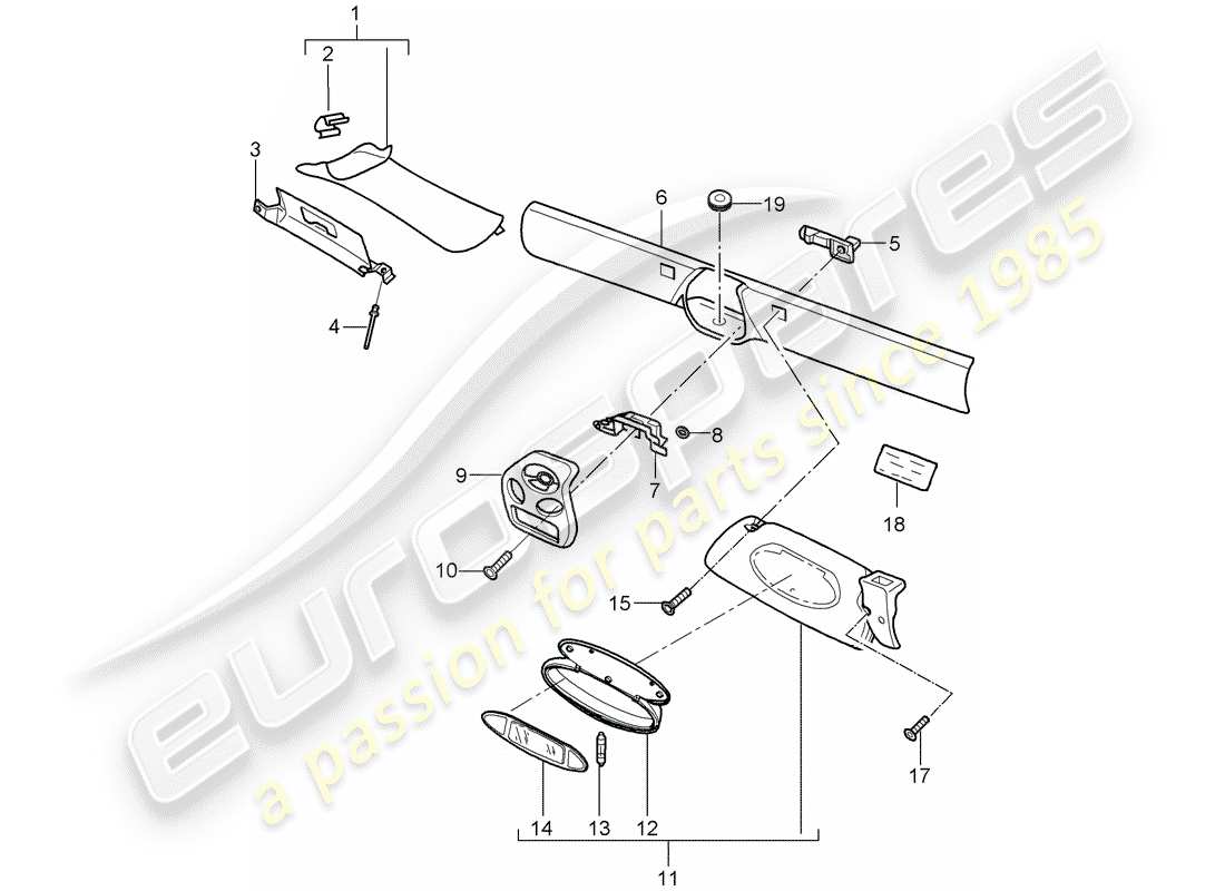 porsche 2004 (986 boxster) marco del parabrisas - visores solar diagrama de piezas