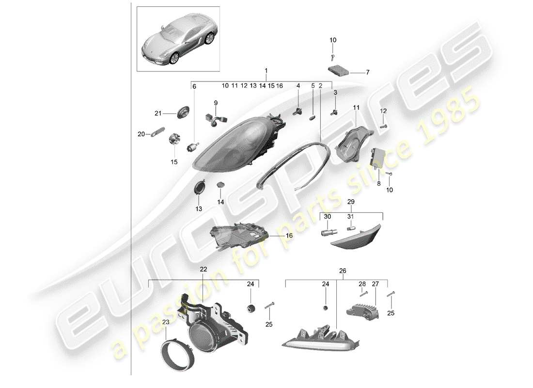 porsche 2014 (981 cayman) diagrama de piezas del faro