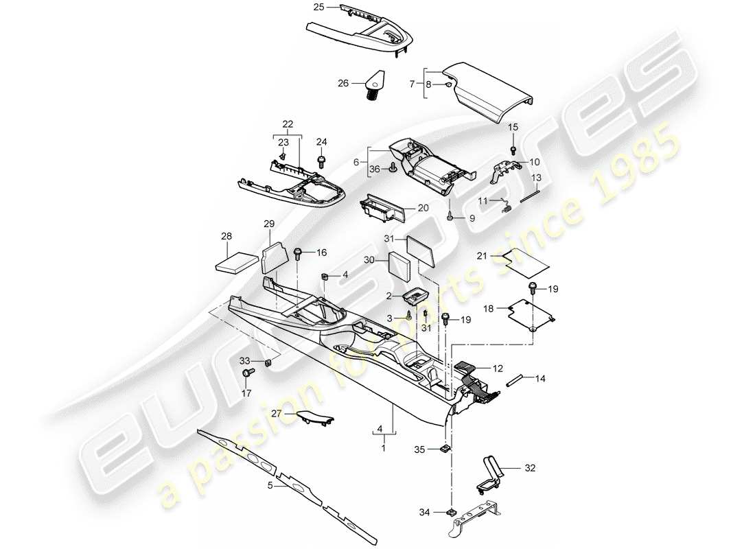 porsche 2005 (987 boxster) diagrama de piezas de la consola central
