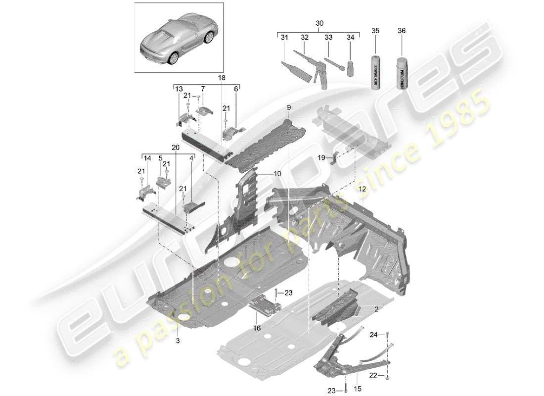 porsche 2016 (981 boxster spyder) diagrama de piezas del piso