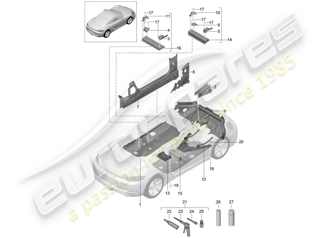 porsche 2017 (718 cayman) placas de piso diagrama de piezas