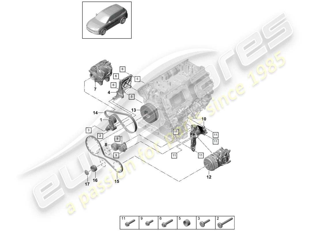 porsche 2019 (cayenne e3 9ya/9yb) cinturón acanalado en v diagrama de piezas