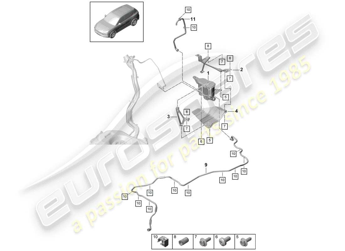 porsche 2019 (cayenne e3 9ya/9yb) diagrama de piezas del recipiente de emisiones evaporativas