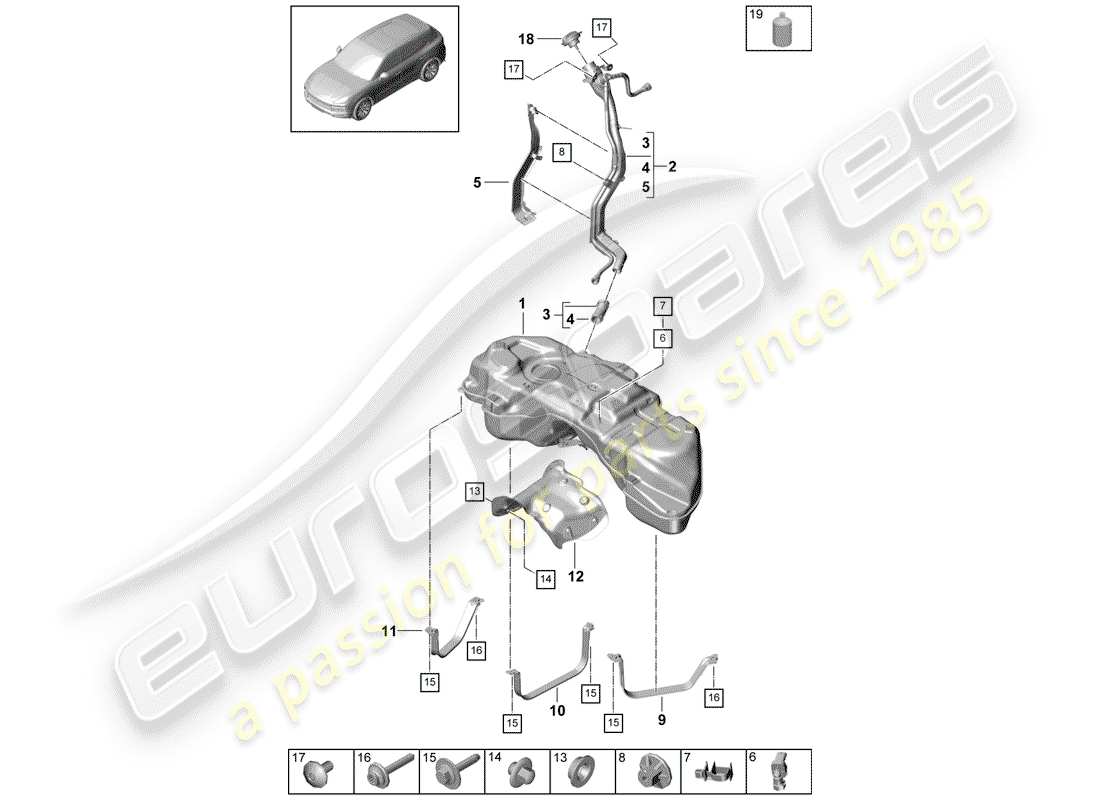 porsche 2019 (cayenne e3 9ya/9yb) fuel tank with diagrama de piezas