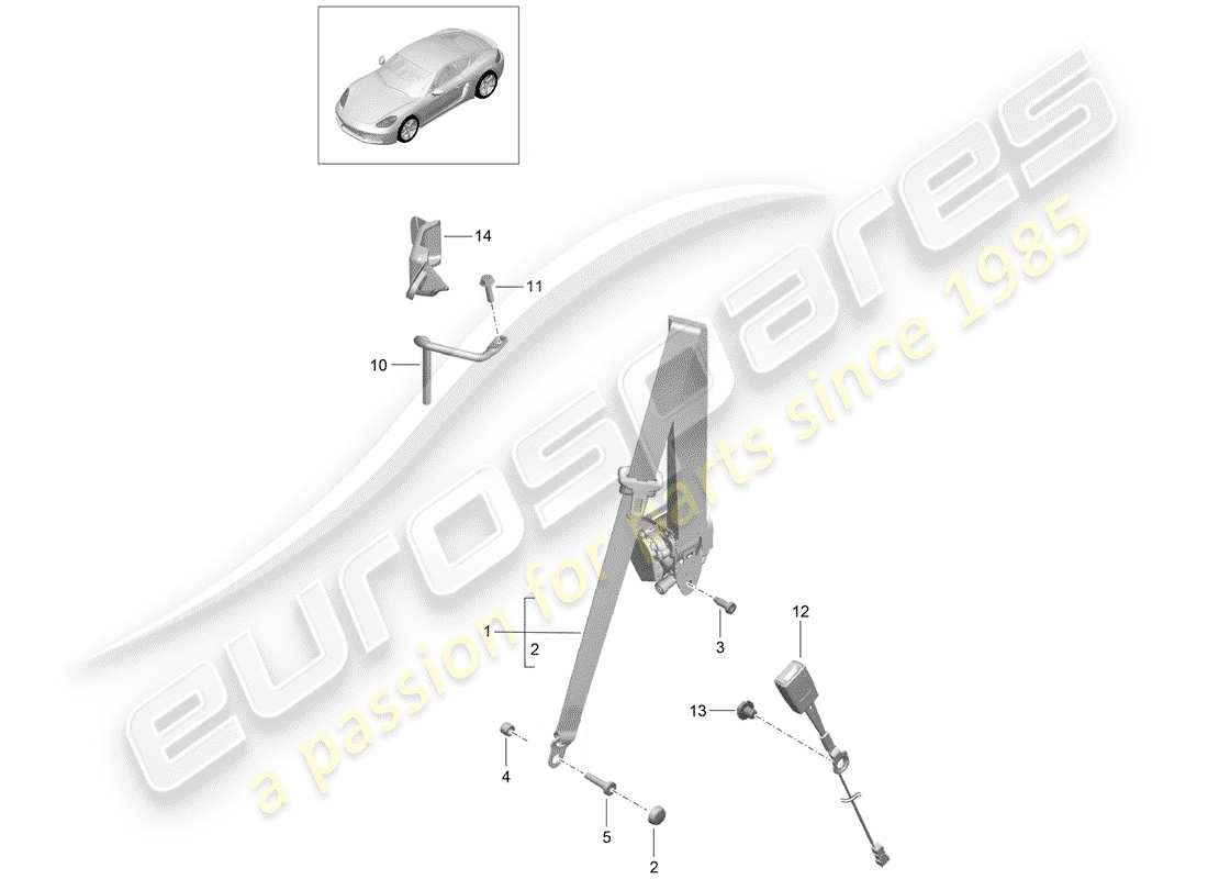 porsche 718 cayman (2020) diagrama de piezas del cinturón de seguridad de tres puntos