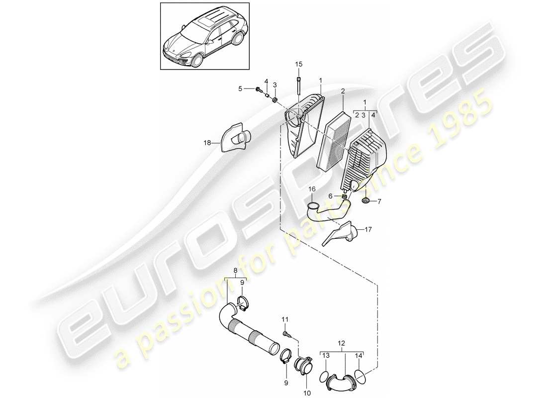 porsche 2016 (cayenne e2 92a) filtro de aire con conexión diagrama de piezas