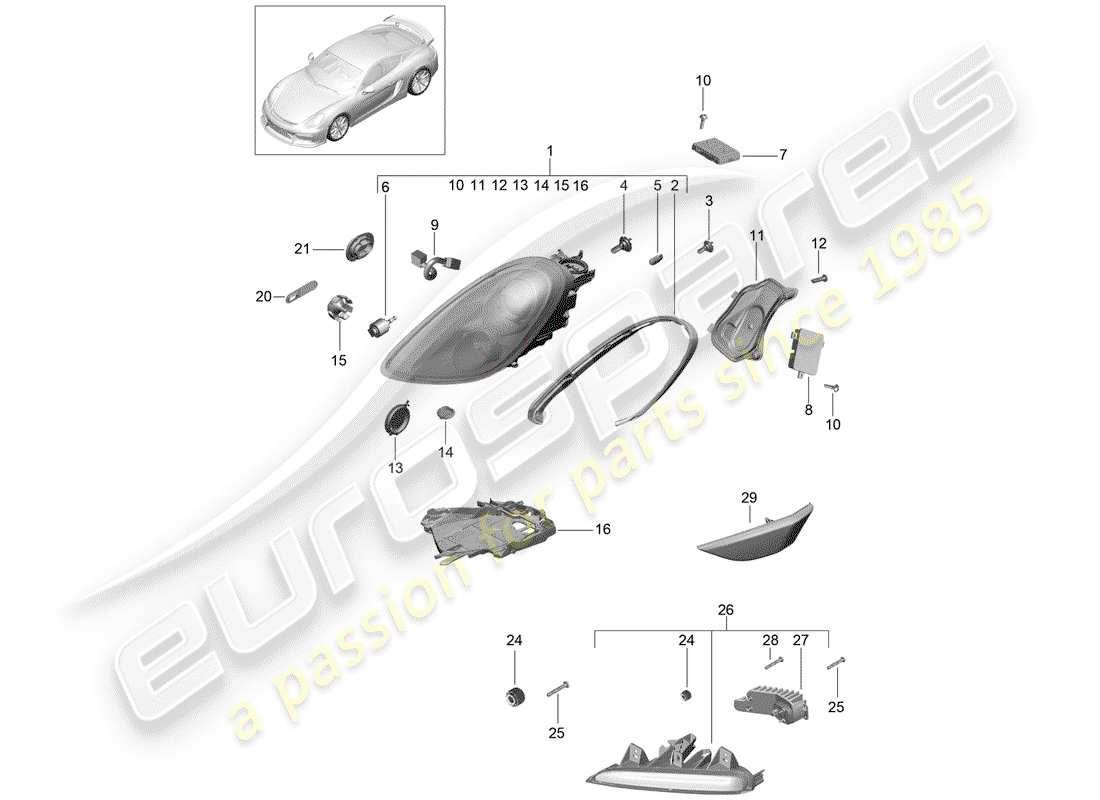 porsche 2016 (981 cayman gt4) lámpara de cabeza diagrama de piezas