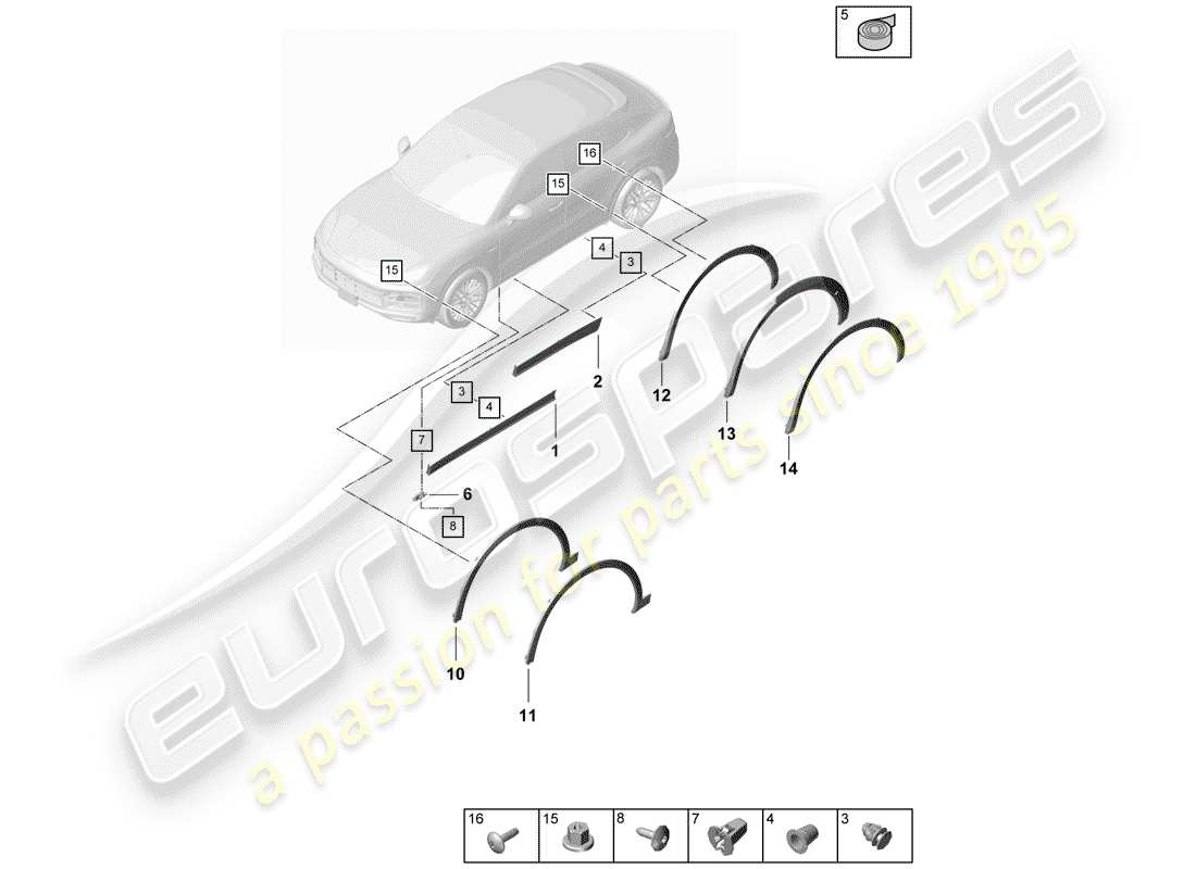 porsche 2020 (cayenne e3 9ya/9yb) diagrama de piezas de la tapa del paso de rueda