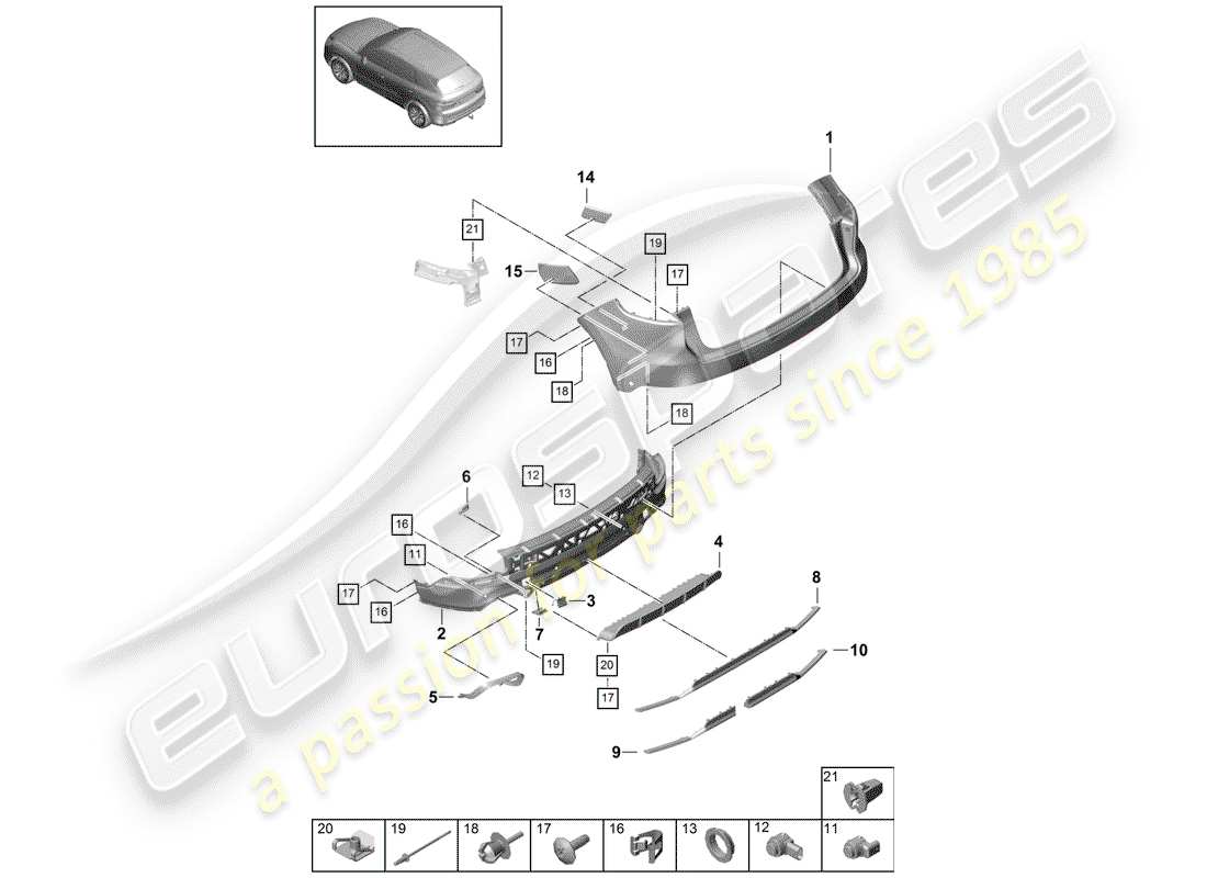 porsche 2020 (cayenne e3 9ya/9yb) diagrama de piezas del parachoques