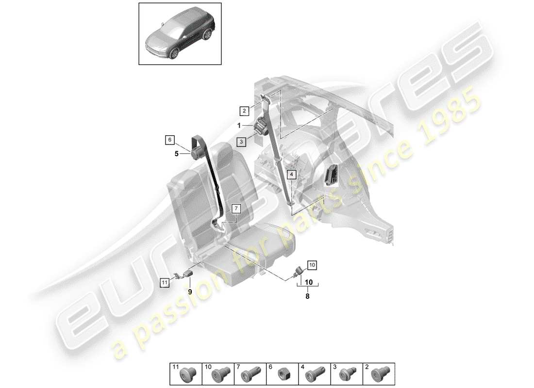 porsche 2020 (cayenne e3 9ya/9yb) diagrama de piezas del cinturón de seguridad de tres puntos