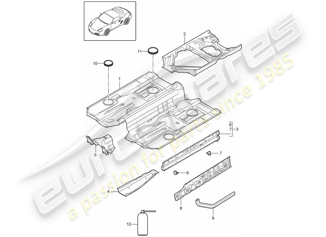 porsche 2012 (987 boxster) diagrama de piezas del piso
