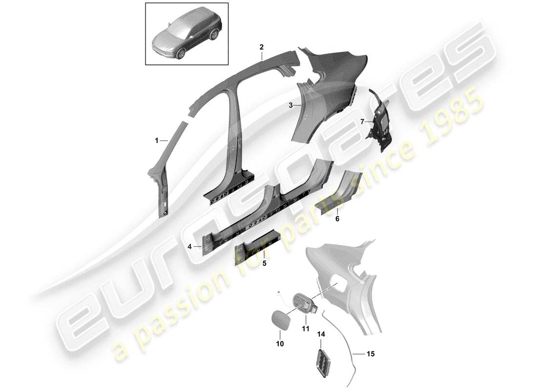 porsche 2019 (cayenne e3 9ya/9yb) panel lateral diagrama de piezas