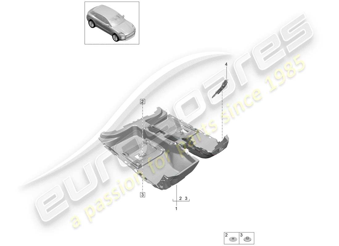 porsche 2019 (macan) diagrama de piezas de la cubierta del piso