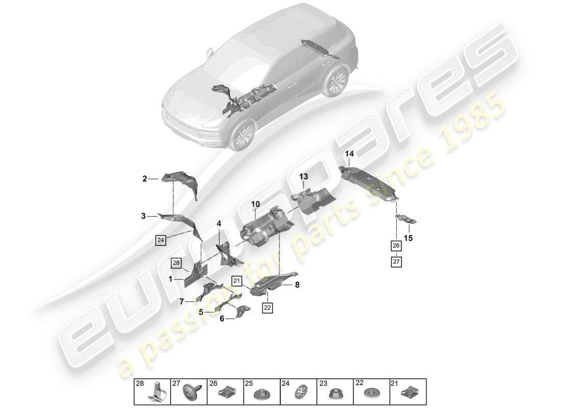porsche 2020 (cayenne e3 9ya/9yb) diagrama de piezas del deflector de calor