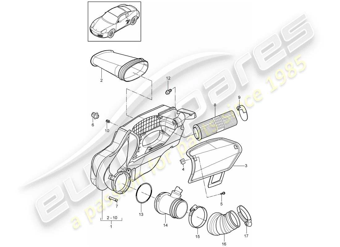 porsche 2012 (987 cayman) diagrama de piezas del limpiador de aire