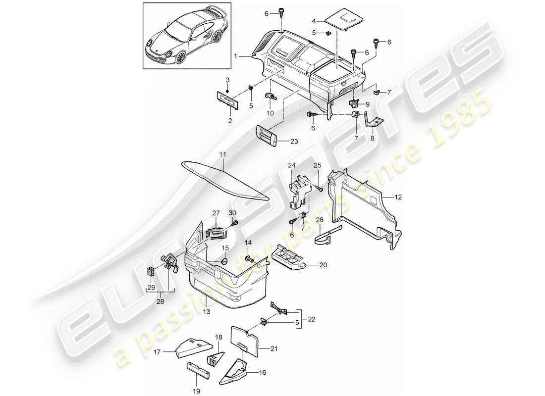 porsche 2011 (997-2 turbo / gt2 rs) compartimiento de equipaje diagrama de piezas