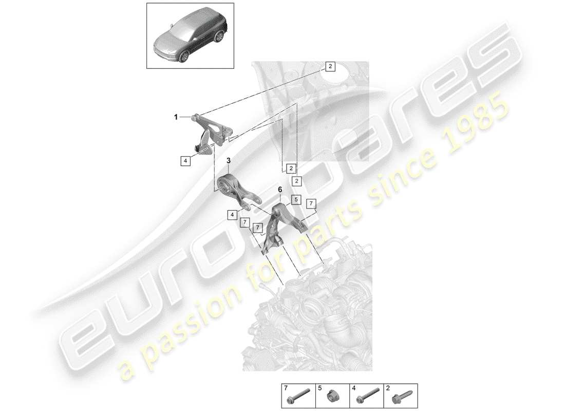 porsche 2020 (cayenne e3 9ya/9yb) diagrama de piezas del dispositivo de elevación del motor