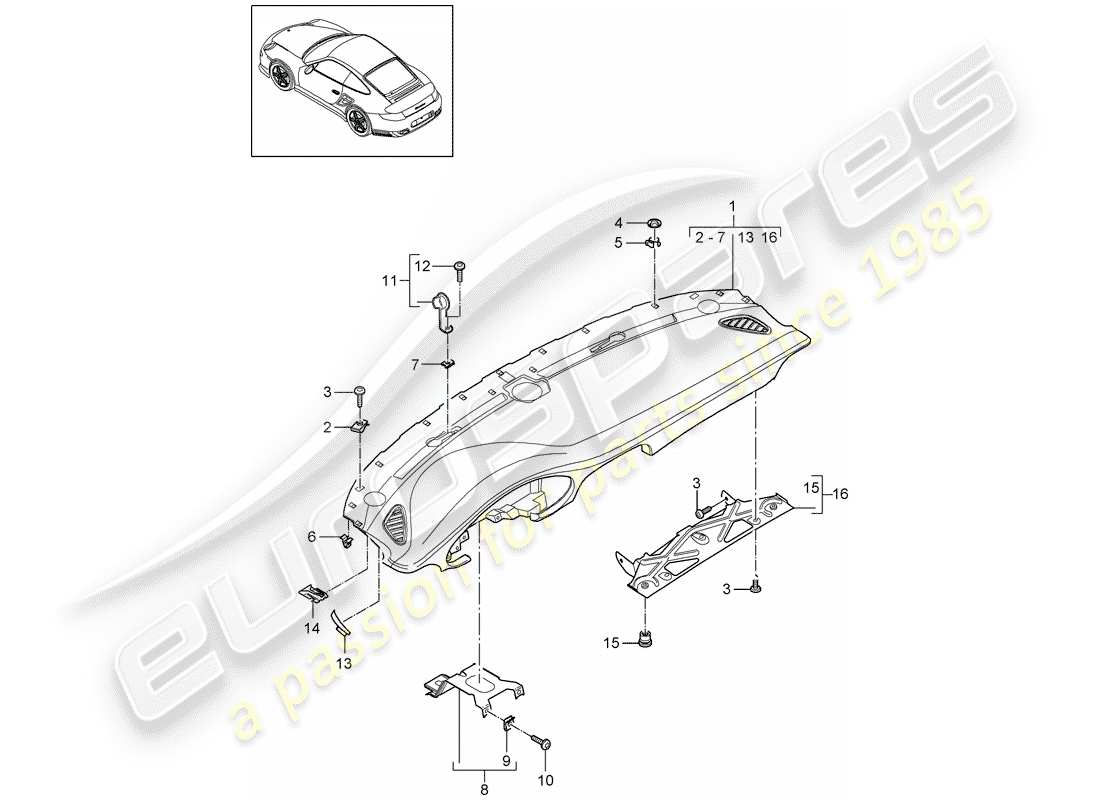 porsche 911 t/gt2rs (2011) diagrama de piezas del embellecedor del panel de instrumentos