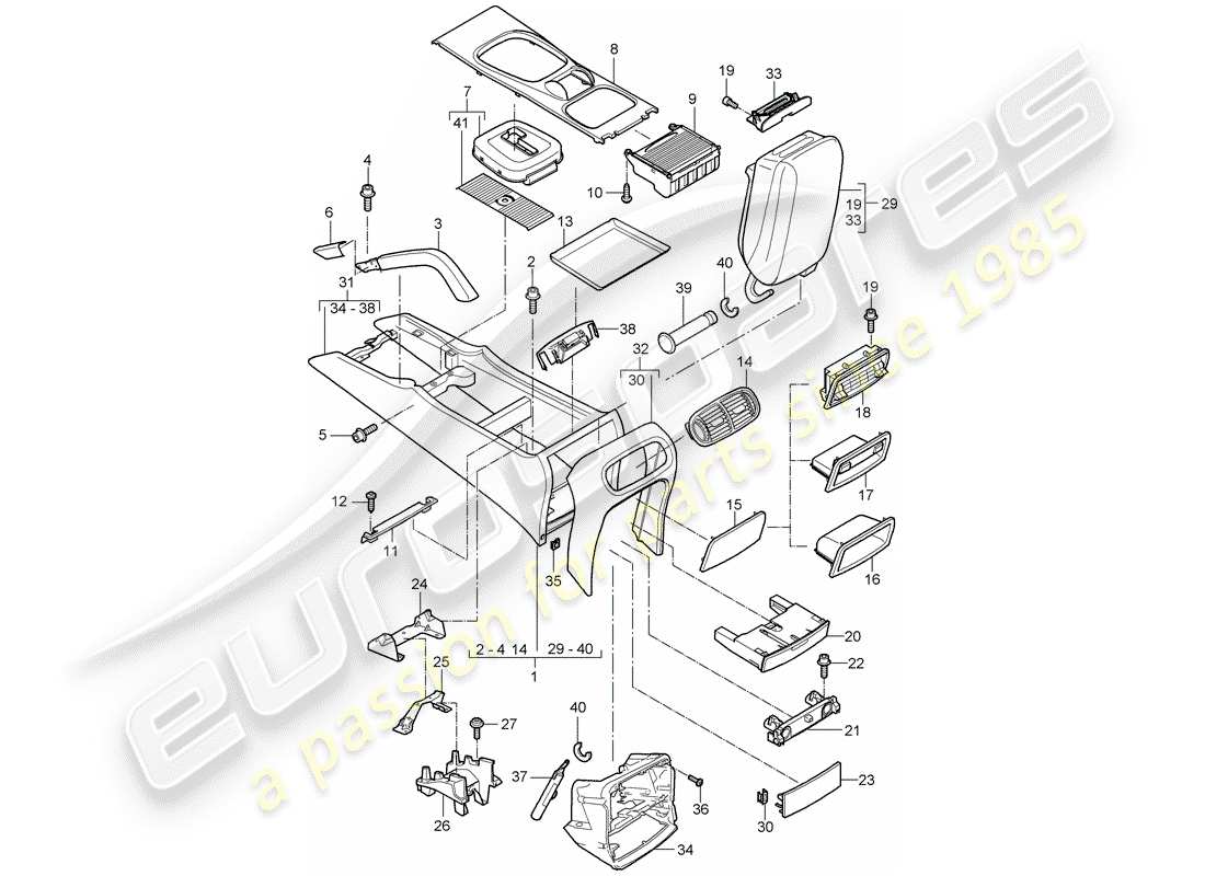 porsche 2008 (cayenne e1 9pa) center console diagrama de piezas