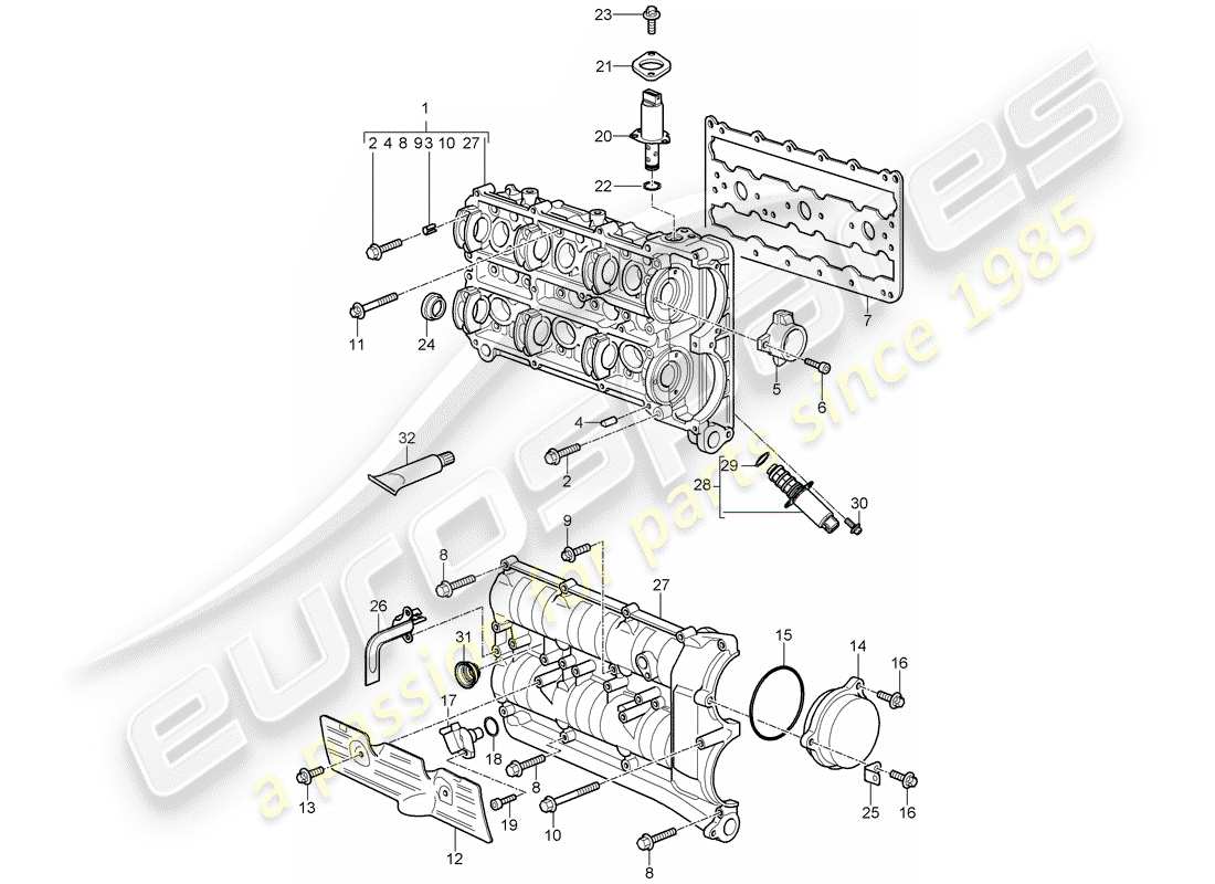porsche 2007 (997-1 gt3) carcasa del árbol de levas diagrama de piezas