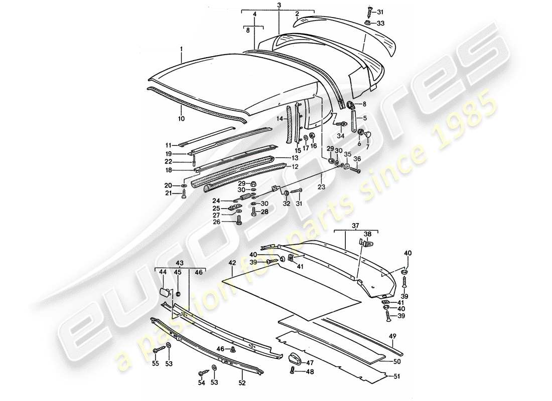 porsche 1987 (911) cubierta superior convertible - tira de sello - partes únicas diagrama de piezas