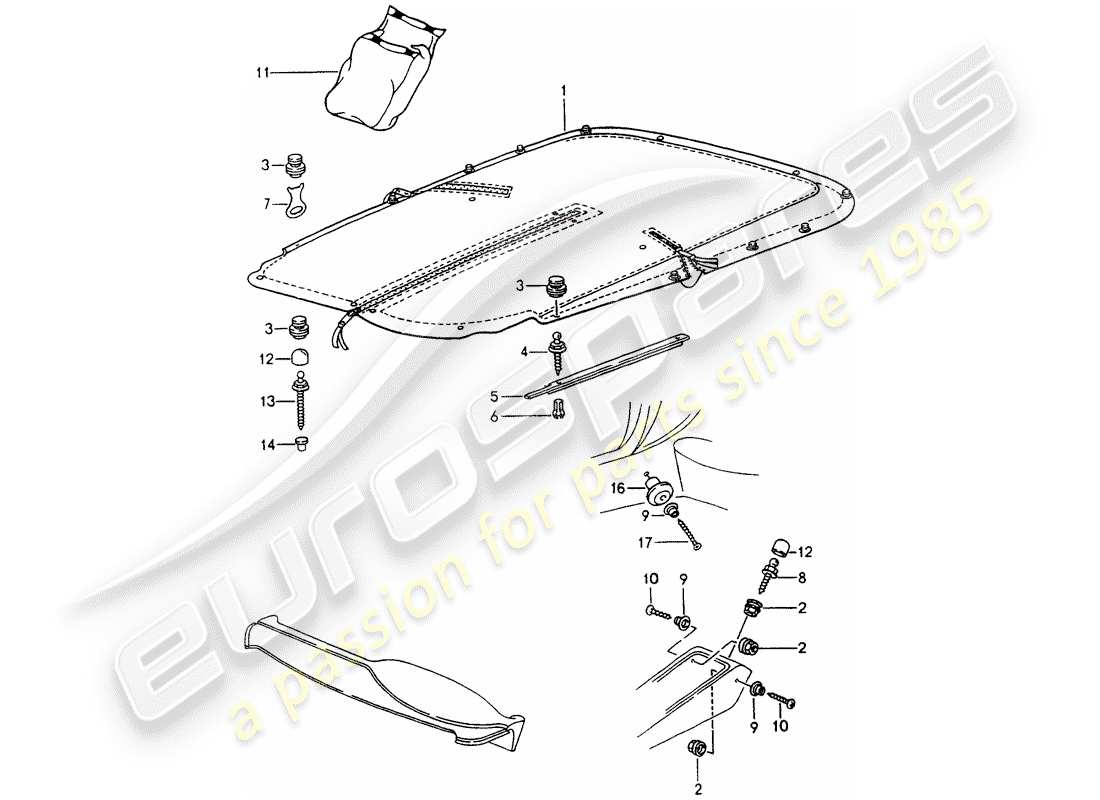 porsche 1990 (964) cubierta de lona diagrama de piezas