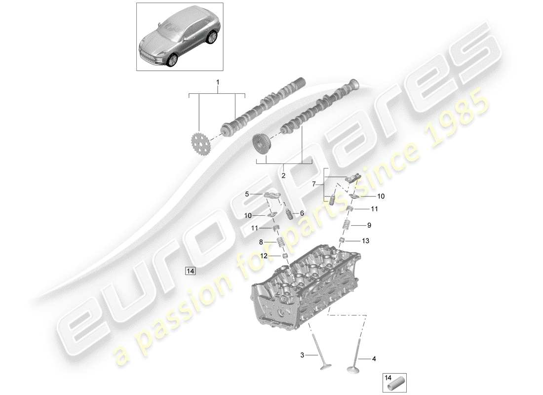 porsche 2019 (macan) árbol de levas, válvulas diagrama de piezas