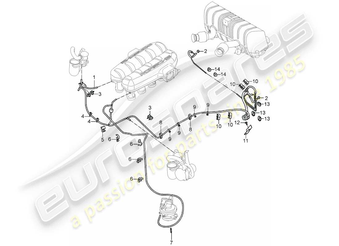 porsche 2004 (carrera gt) línea de vacío - distribuidor de aire de admisión - tanque de vacío - inyección de aire - caja de control - silenciador de escape trasero diagrama de piezas