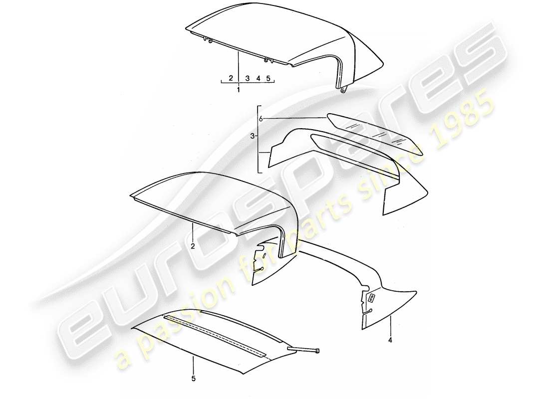 porsche 1991 (944) capota convertible - cobertura superior convertible diagrama de piezas