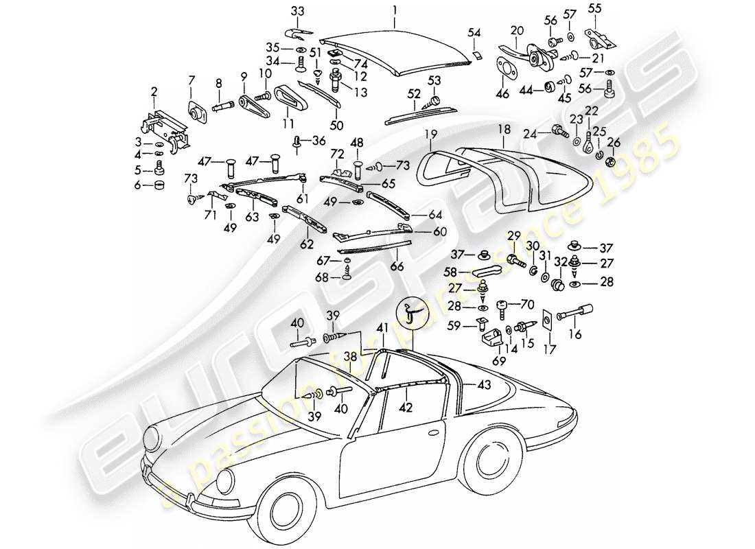 porsche 1967 (911/912) techo diagrama de piezas