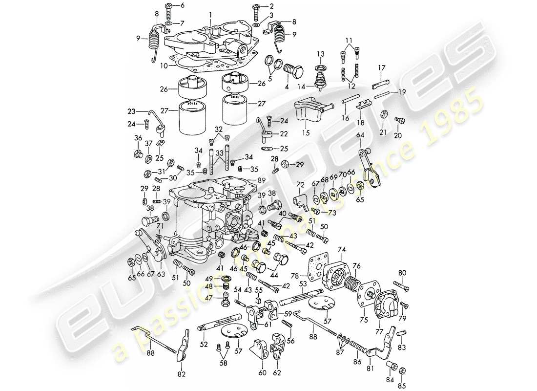 porsche 1968 (911/912) piezas únicas - para - carburador - solex-40 pii-4 - con: - eje del acelerador - diagrama de piezas dividido