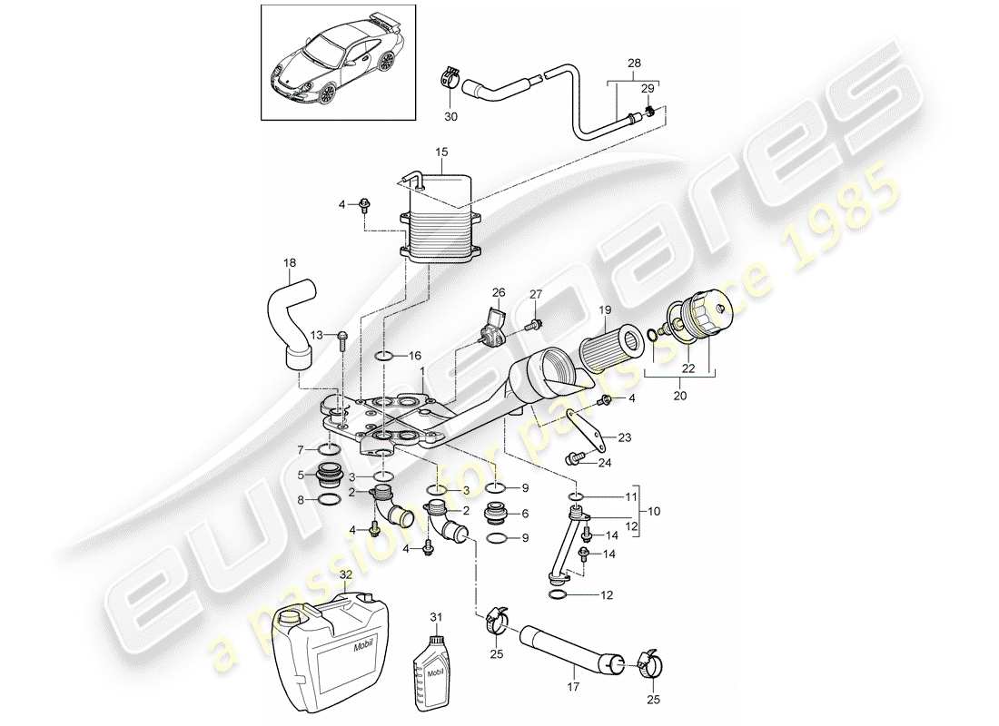 porsche 2007 (997-1 gt3) diagrama de piezas del filtro de aceite