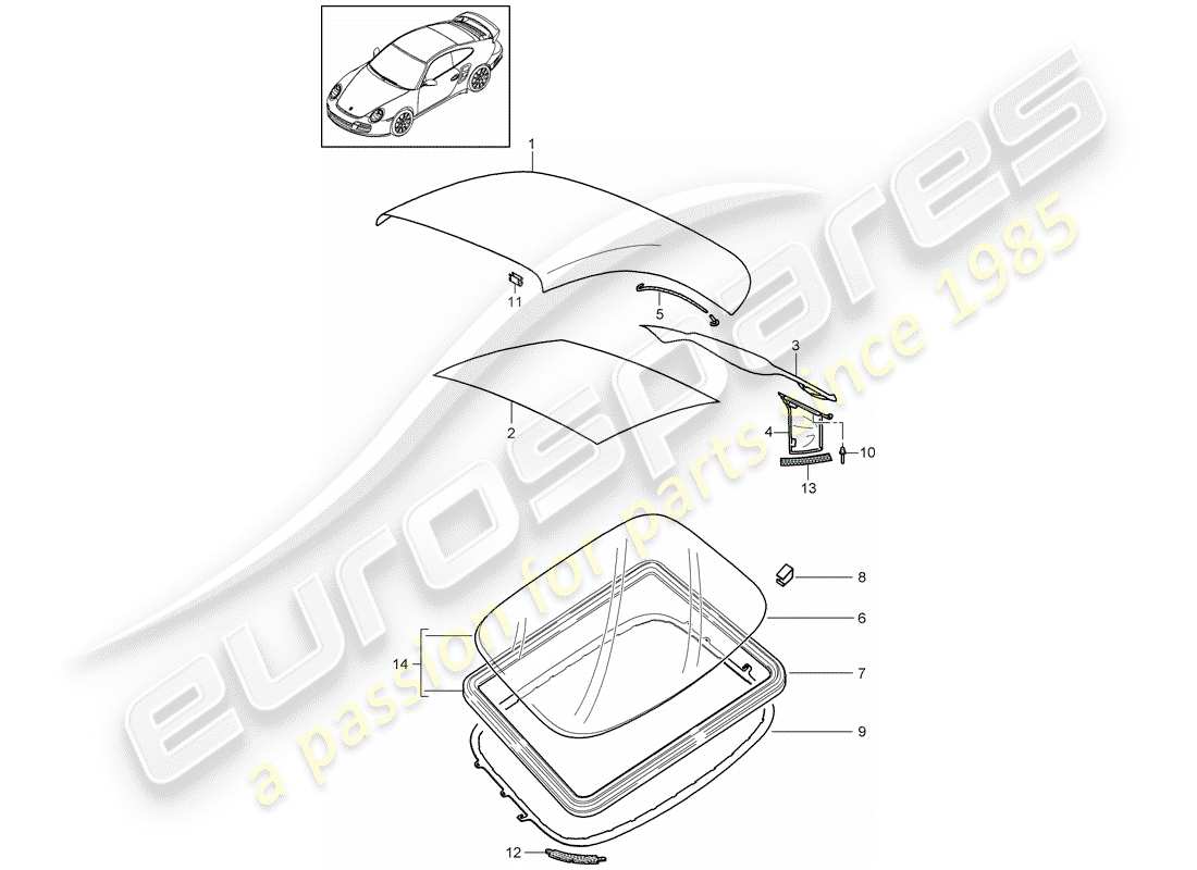 porsche 2007 (997-1 turbo / gt2) cubierta de capota convertible diagrama de piezas