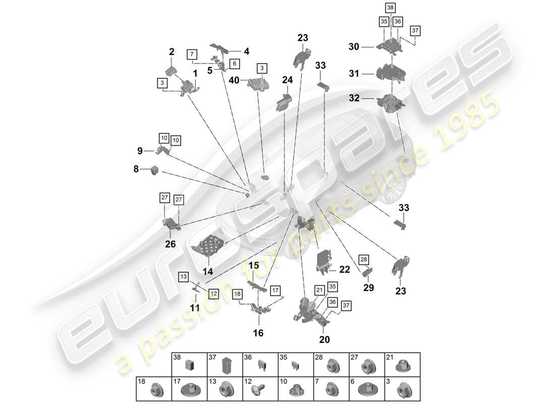 porsche 2020 (cayenne e3 9ya/9yb) diagrama de piezas de la caja de fusibles/placa de relé