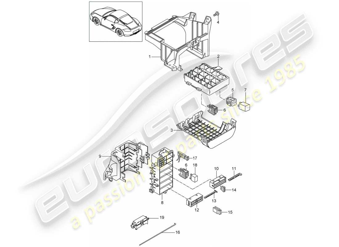 porsche 2012 (987 cayman) caja de fusibles/placa de relés diagrama de piezas
