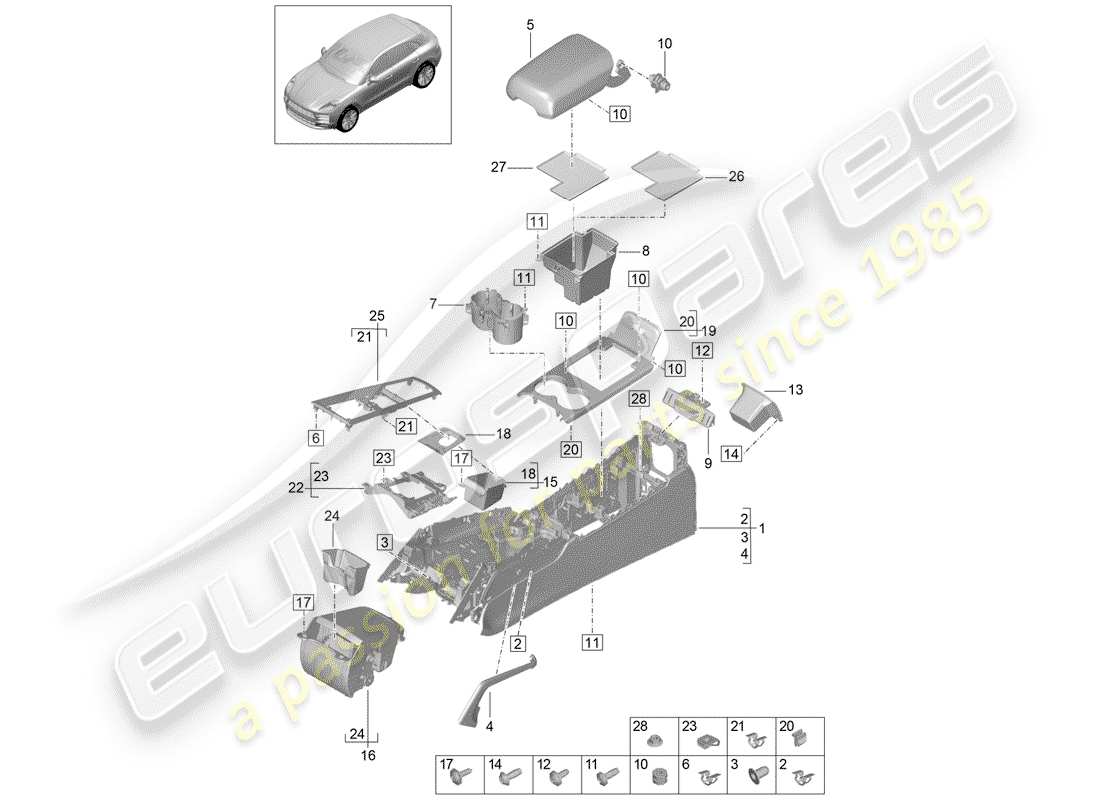 porsche 2019 (macan) center console diagrama de piezas