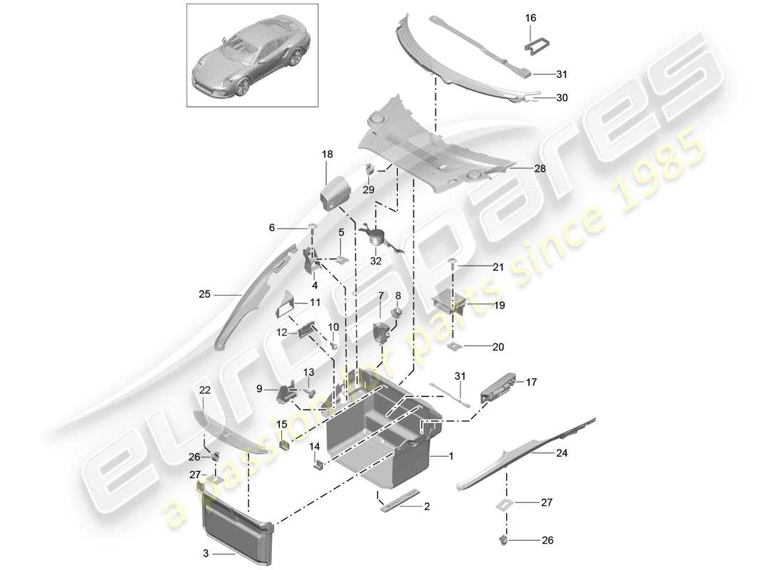 porsche 2020 (991-2 turbo) forro de bota diagrama de piezas