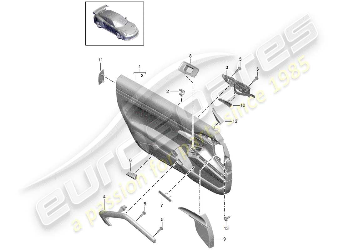 porsche 991 turbo (2020) diagrama de piezas del panel de puerta