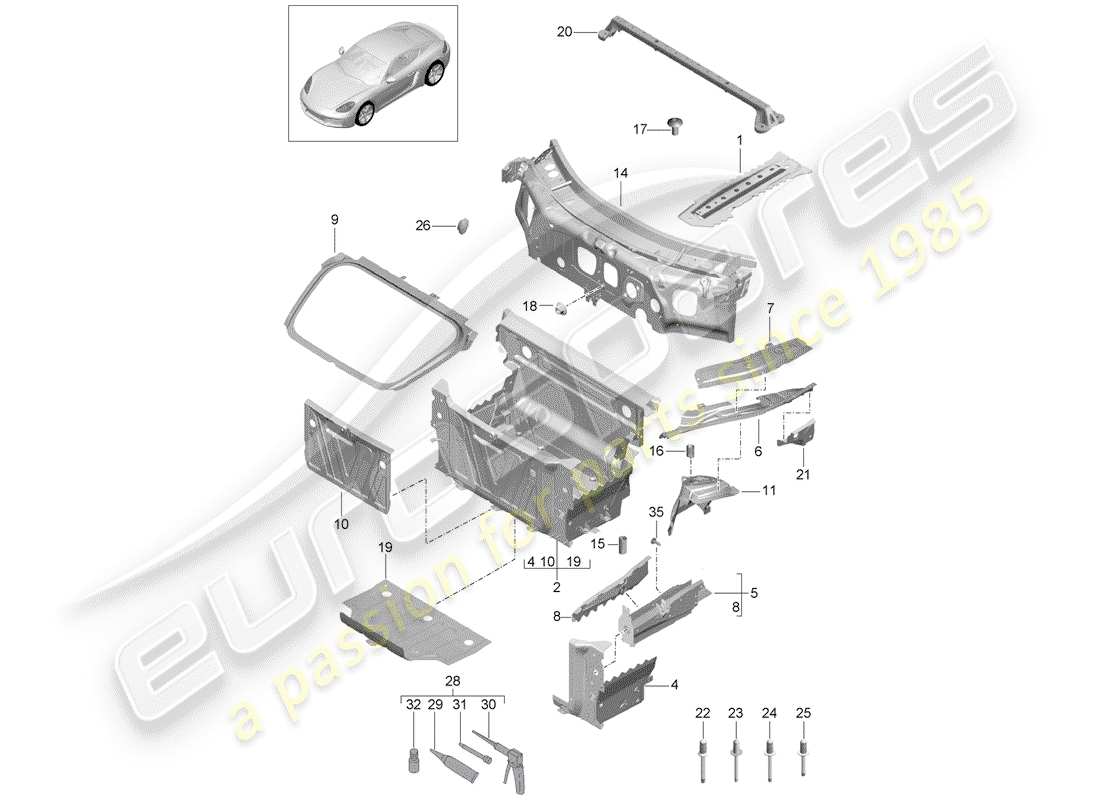 porsche 2018 (718 cayman) diagrama de piezas del extremo delantero