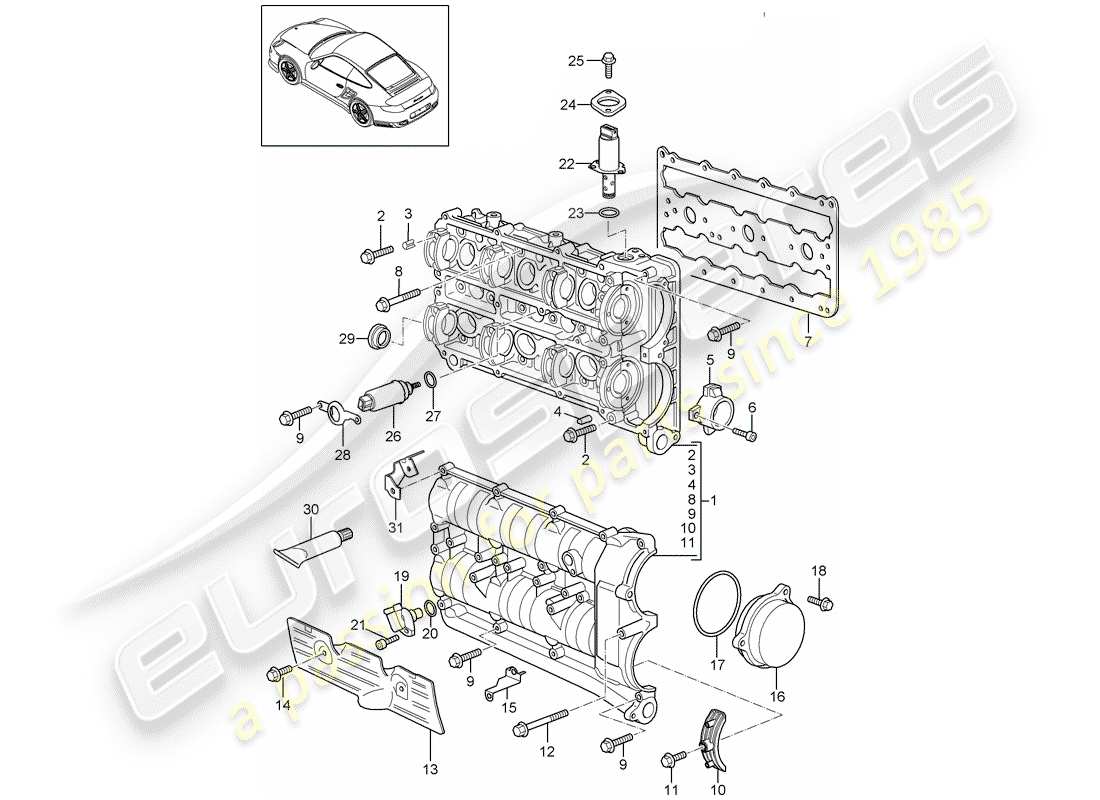 porsche 2012 (997-2 turbo / gt2 rs) carcasa del árbol de levas diagrama de piezas