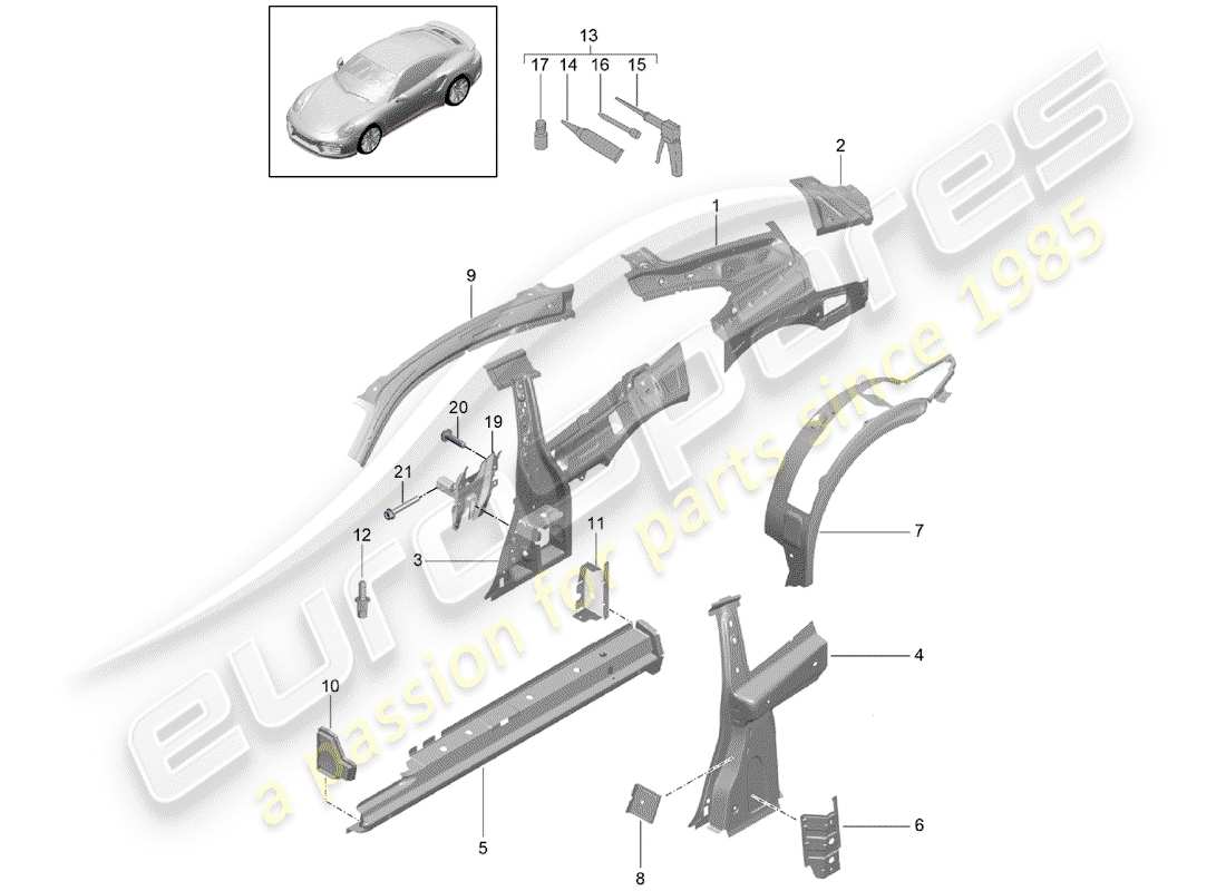 porsche 2019 (991-2 turbo) panel lateral diagrama de piezas