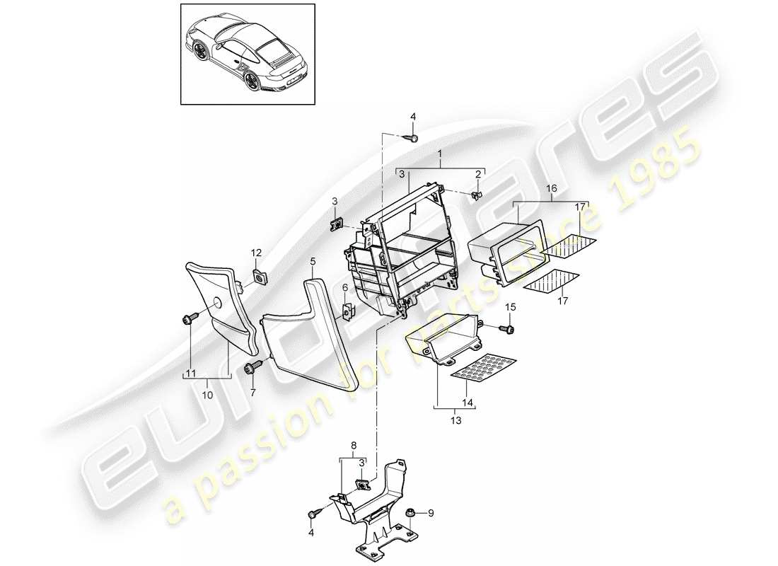 porsche 911 t/gt2rs (2011) center console diagrama de piezas