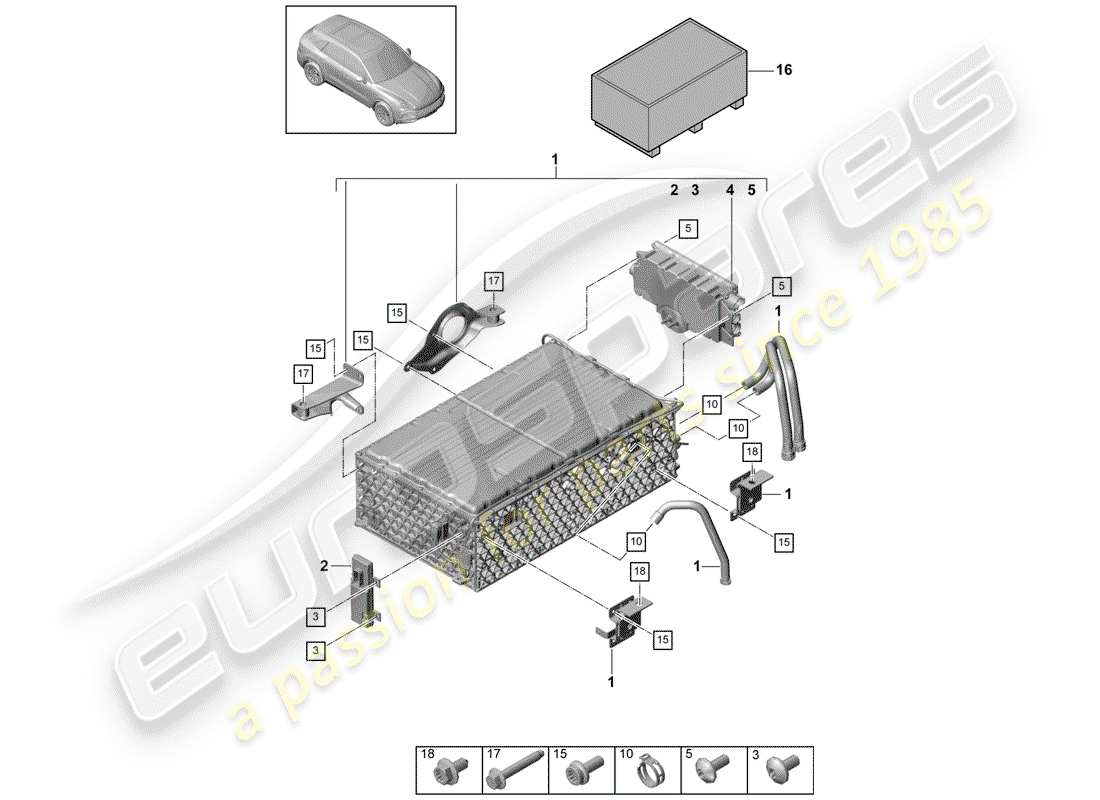 porsche 2020 (cayenne e3 9ya/9yb) diagrama de piezas de la batería híbrida