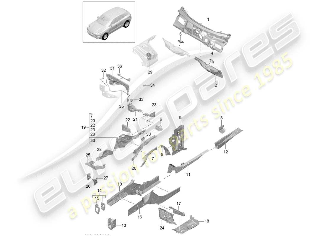 porsche 2017 (macan) diagrama de piezas del extremo delantero