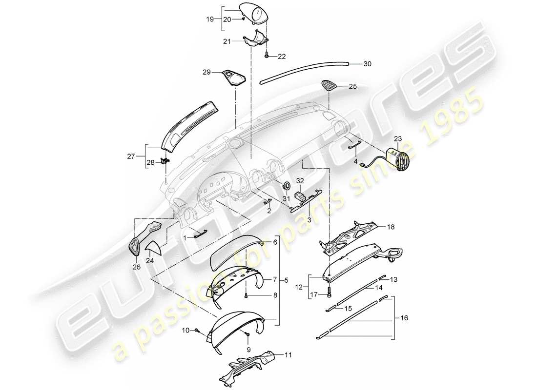 porsche 2005 (987 boxster) diagrama de piezas del embellecedor del panel de instrumentos