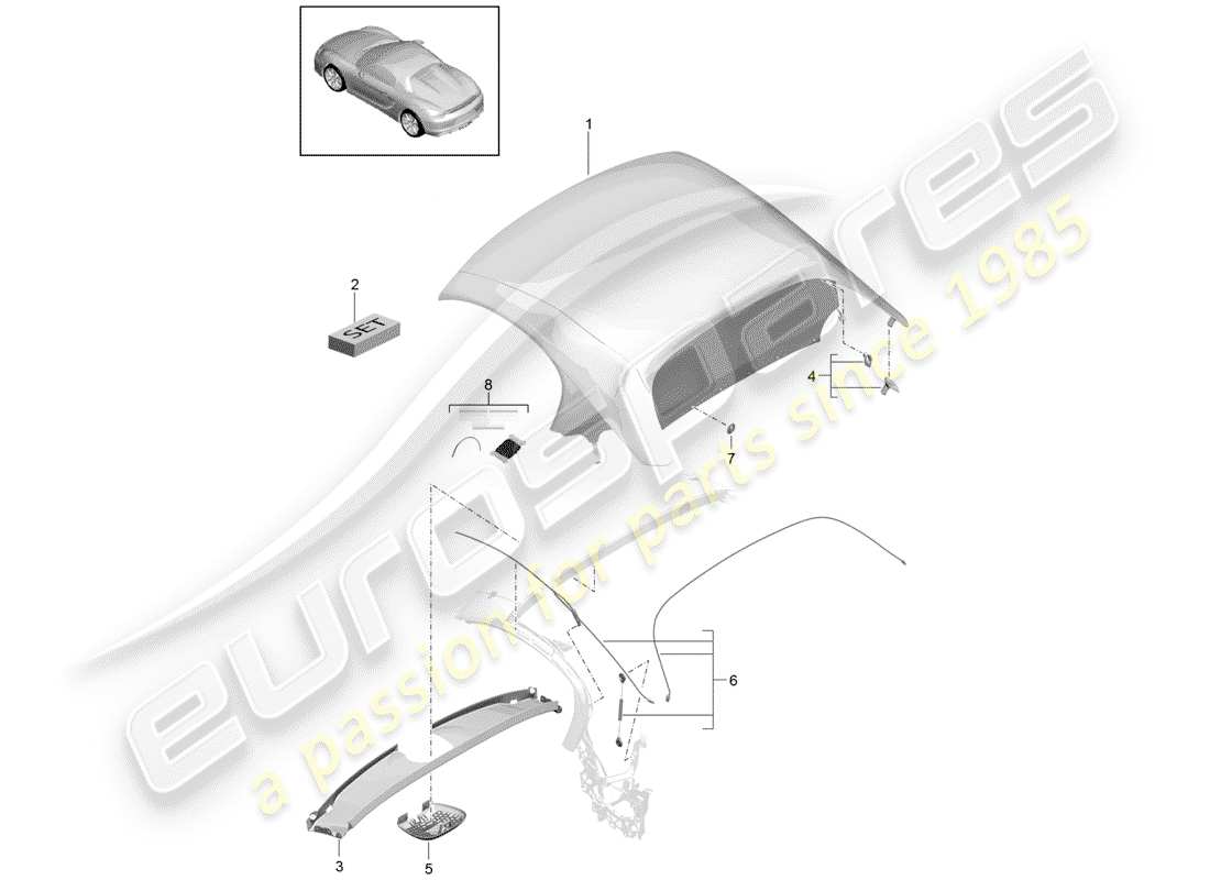 porsche 2016 (981 boxster spyder) cubierta superior convertible diagrama de piezas